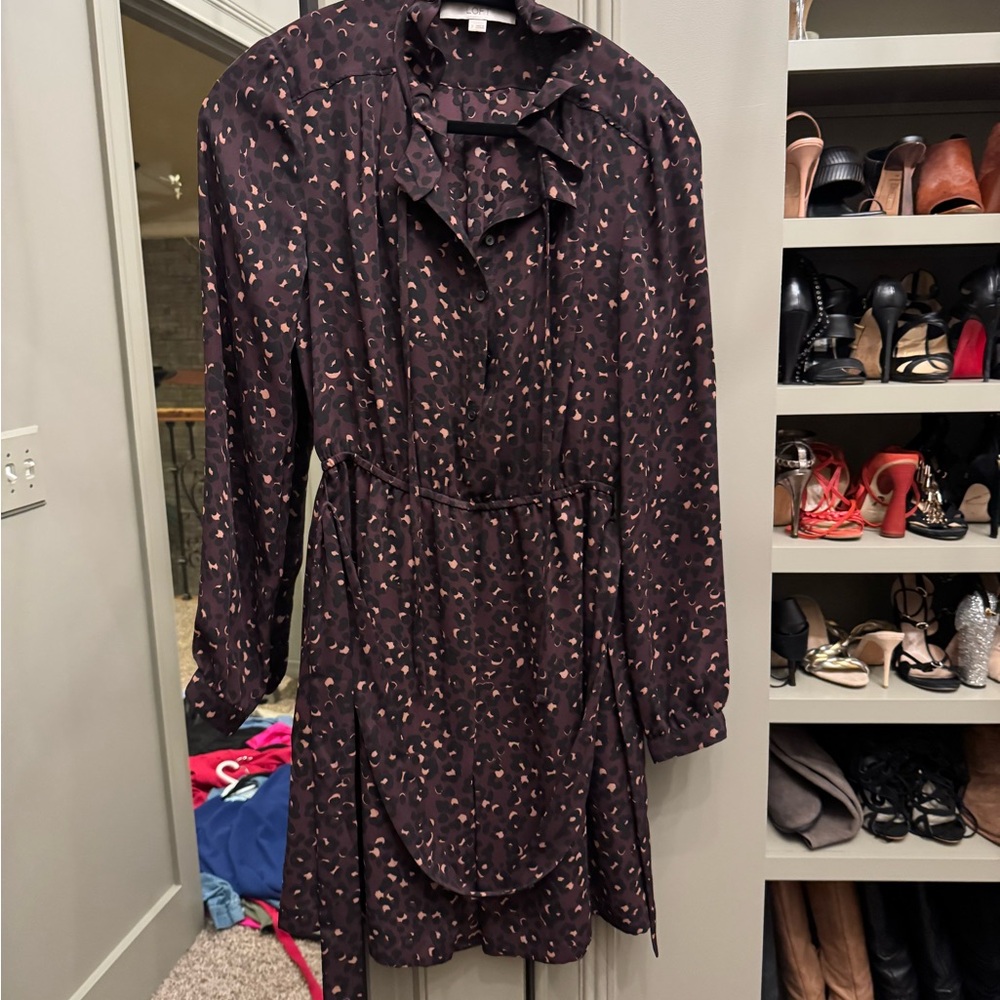 Ann Taylor Plum Long-Sleeve Ruffle Neck Shirt Dress with Pink Accents